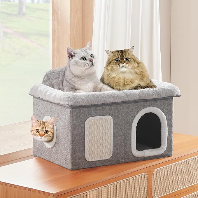 WINDRACING Cat House for Indoor Cats - 24.4" W Extra Wide Cat Bed Cave for Double Small Cats and Foldable with Scratch Pad, Cat Hideaway Condo for Kitten, 24.4x16.9x14.2 Inches, Light Grey - Image 3