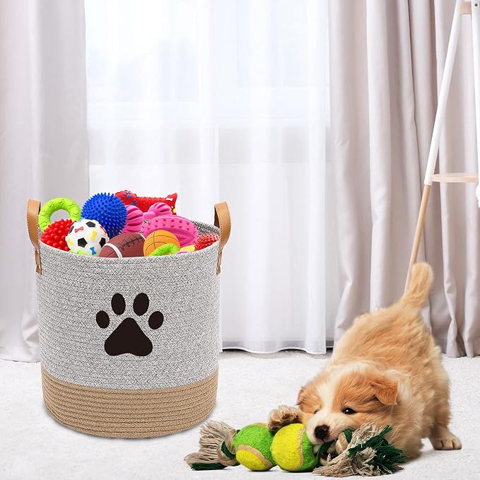 Cotton dog toy basket storage, puppy toy basket, puppy bins, laundry basket blanket storage bin - Perfect for organizing pet toys, blankets, leashes, pee mats and diapers - Graykhaki - Image 6