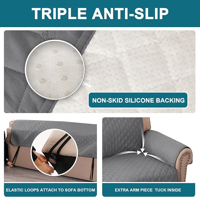 Turquoize 100% Waterproof Sofa Covers Couch Cover Sofa Cover for Dogs Couch Protector Triple Non-Slip Sofa Slipcover for 3 Cushion Couch Furniture Protector for Pets, Kids,Dog (XL Sofa 78", Gray) - Image 4