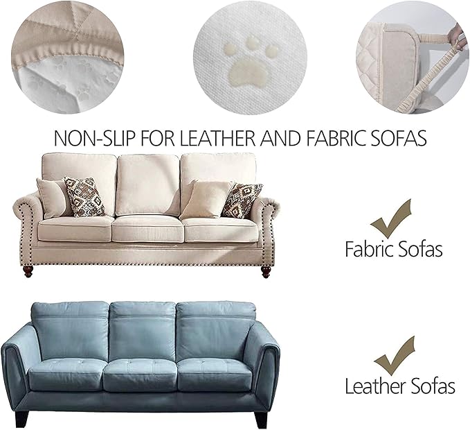 Ameritex Loveseat Cover Water-Resistant Quilted Furniture Protector with Back Nonslip Paws Slipcover for Dogs, Kids, Pets Loveseat Slipcover Stay in Place for Leather (Beige, 54'') - Image 3