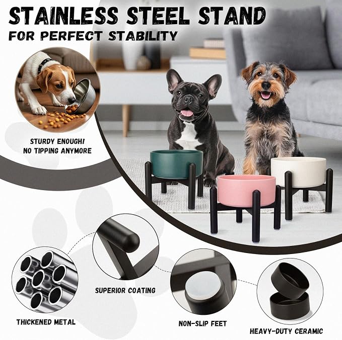 Raised Ceramic Dog Bowl Set with Stand, 2 Cups Elevated Dog Food Stand | 6.1'' Single Dog Food or Water Bowl Set, Non-Slip Dog Feeding Dishes for Small to Medium Breeds, 28.75 OZ, White - Image 3