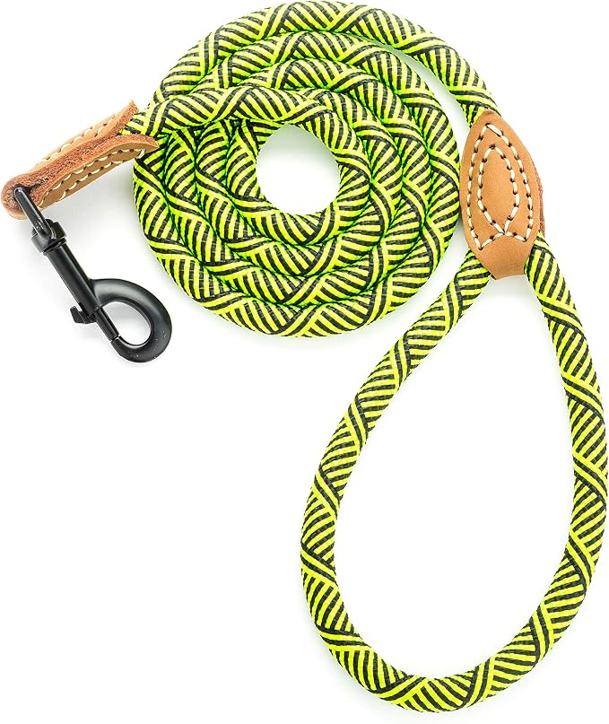 Mile High Life Dog Leash with Genuine Leather-Wrapped Ends, 4/5/6FT | Tangle-Free 360° Swivel Clasp Heavy Duty Rope Leash | Small Medium Large Dogs | Daily Walking (Lime Green, 48 Inch, 1/2") by MileHighLife