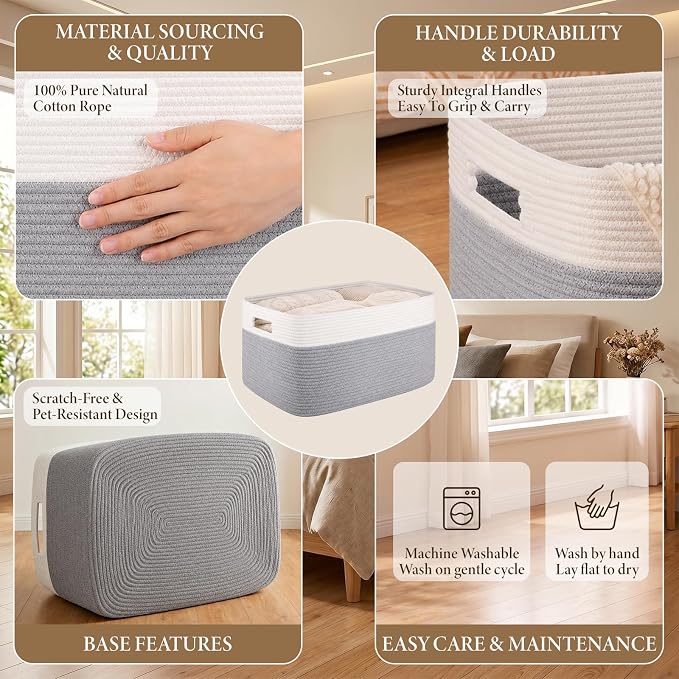 75L Large Cotton Rope Basket, Soft Toy Storage Bin for Nursery & Living Room, Decorative Blanket Basket for Bedroom, Baby-Safe Organizer for Pillows &Laundry, 22''×17''×12'', Grey and White - Image 3
