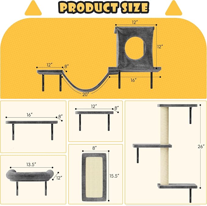 Wall Mounted Cat Furniture, 6 Pcs Cat Wall Shelves | with Condo House, Bridge, Steps, Scratcher, Hammock, Indoor Safe & Stable Furniture for Kittens Play, Dark Gray - Image 2