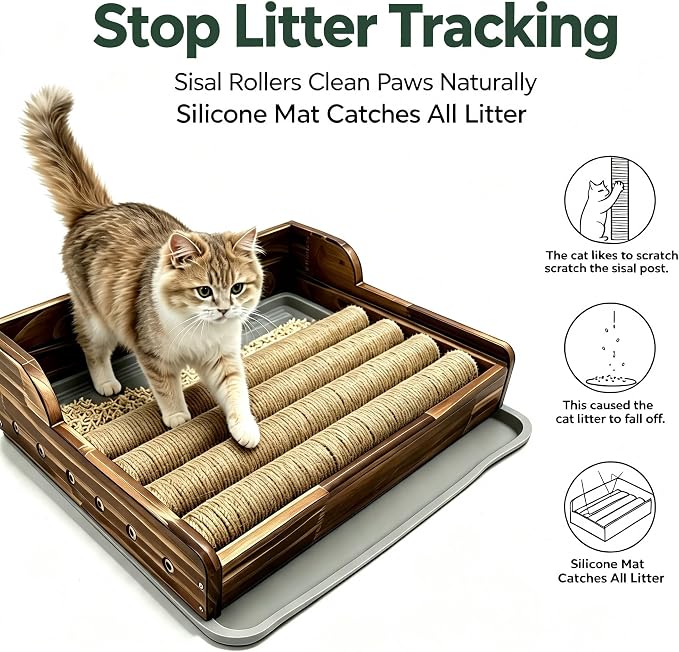 Cat Litter Box Step with Sisal Scratching Post Litter Catcher Mat (Green) | Multi-Purpose Wood Anti-Tracking Cat Scratcher Bed Litter Box Ramp, Fits Standard Cat Litter Boxes - Image 2