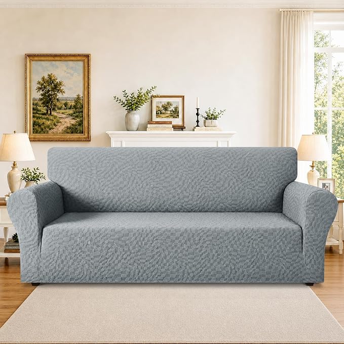 ZNSAYOTX 1 Piece Stretch Sofa Covers for 3 Cushion Couch (72"-90"), New Plaid Couch Cover with Non-Slip Buckle for Dog Pets, Ultimate Soft Cozy Washable Sofa Slipcover Form Fit Protector, Light Grey - Image 2