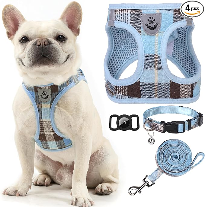 Classic Plaid Puppy Harness - Small Dog Harness and Leash Set - Dog Collar and Leash Set with AirTag Holder, Soft Padded Step in Dog Vest Harness No Pull Reflective for Outdoor, Blue XXS by EXPAWLORER