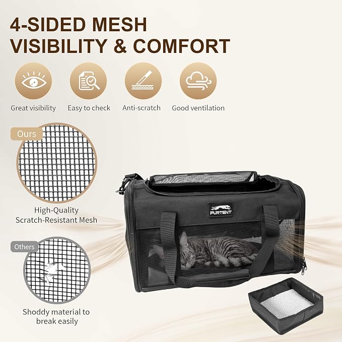 Pet Carrier Airline Approved, Soft Sided Cat Carrier for Small Pets up to 13 lbs, TSA Approved Dog Travel Bag, Portable Soft Sided Pet Carrier for Kittens and Puppies (Black, Travel Litter Box) - Image 5