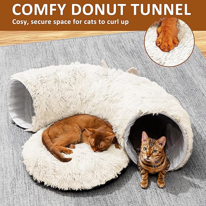 Cat Tunnel with Cat Bed for Indoor Cats, Soft Plush Peekaboo Cat Cave Donut Tunnel, Multifunctional Playground Toys Hideplace for Small Medium Large Kittens, Rabbit, Ferret (Cream White) - Image 4