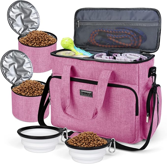 BAGLHER Dog Travel Bag, Pet Travel Bag (ALL Pet Travel Supplies), With 2 Pet Food Containers and 2 Collapsible Silicone Bowls; Essential Kits for Pet Travel Pink by BAGLHER