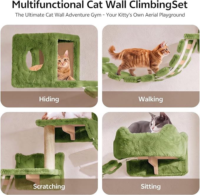 16-in-1 Cat Wall Shelves, Cat Furniture w/Tunnel & Bridge, Green | Wall Mounted Cats Shelf Set with Plush Fabric, Cat Climbing Wall Systems for Adult Cats, with Scratching Posts, Condos - Image 3