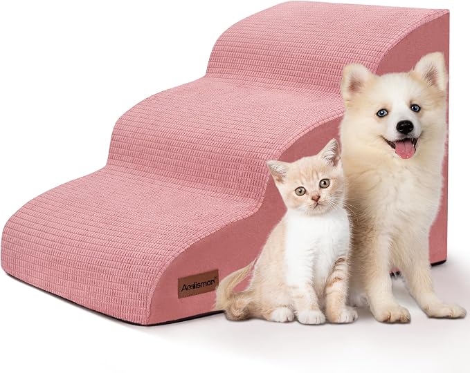 Dog Stairs for Small Dogs, 3-Step Pink Pet Ramp for Couch, Cats & Puppies | Aodisman Elegant Pink Pet Stairs Designed for Small Dogs and Cats, Providing Easy Access with Comfort and Style, 15.7" H by AODISMAN