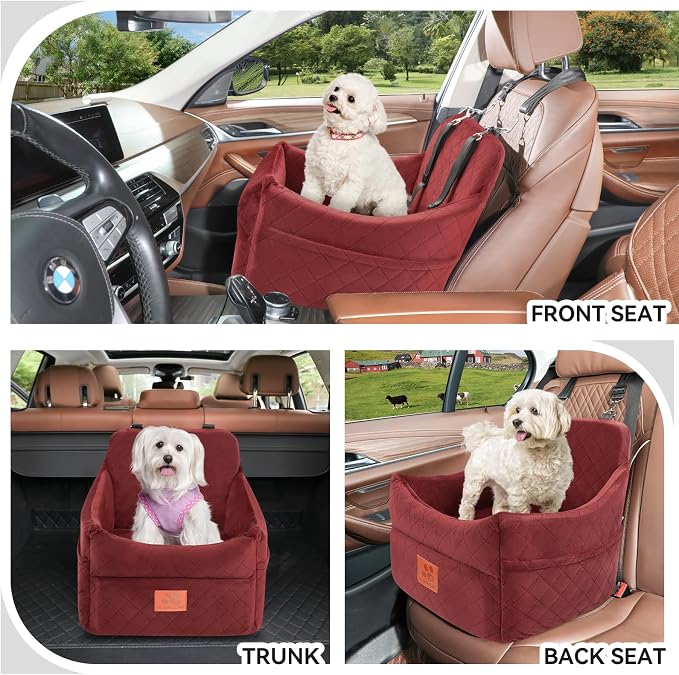 GL GLENSLAVE Dog Car Seat for Small/Medium Dogs&Cats,Thick Booster Car Seat | Dog Car Bed for Pet Under 35lbs, Detachable Washable Pet Car Seat with Storage Pockets, 2 Safety Belts(Red) - Image 2