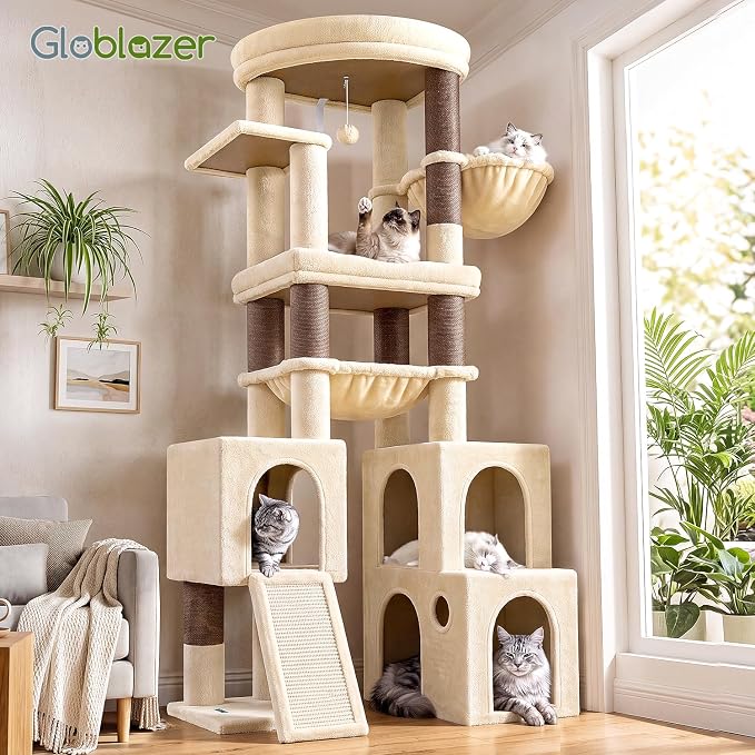 Globlazer Tall Cat Tower for Indoor Adult Cats, 72-inch, S72G, Beige | Heavy Duty Cat Tree House for Big Cats with 2 Extra-Large Padded Platform, 7 Sisal Scratching Posts, 3 Large Condos - Image 7