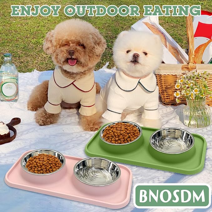BNOSDM 2 Pcs Double Dog Food Bowls Stainless Steel Small Dog Food and Water Bowls with Non-Spill Plastic Mat Pet Cat Feeder Dish Set for Puppy Cats Kitten (Pink and Drak Green) - Image 7