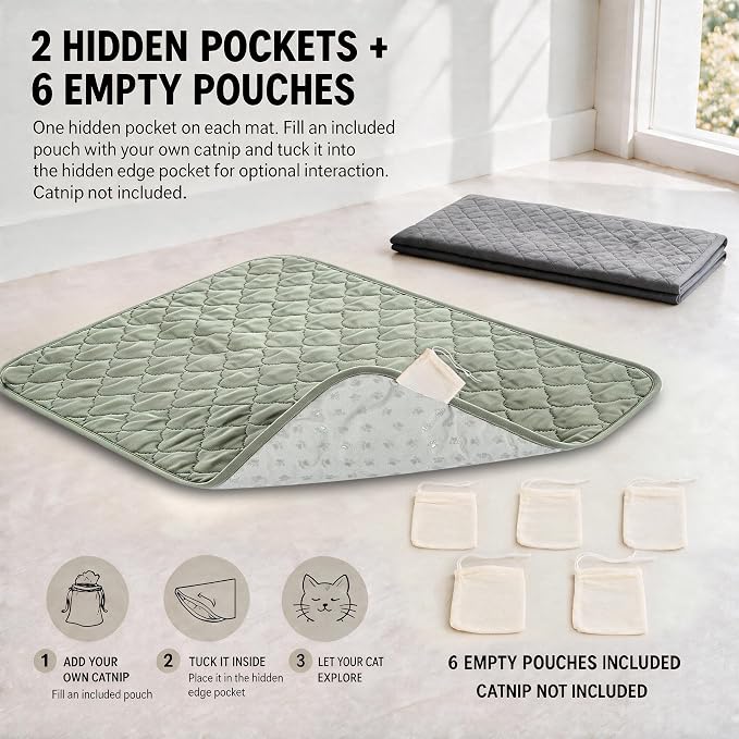 2-Pack Washable Cat Litter Mats, 30 x 20 in, Sage Green/Grey | Absorbent quilted layers with PU barrier, paw-print silicone grip, 2 pockets and 6 empty cotton pouches; catnip not included. - Image 5