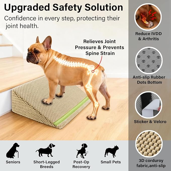 JoyBlooms Upgraded Dog Ramp for Stairs, Dog Stairs for Small Dogs (Corgi & Dachshund), 40D Foam Non-Slip, 30° Slope with Glow Strip, 13.8"x10.2"x5.9", Brown-2pcs - Image 6