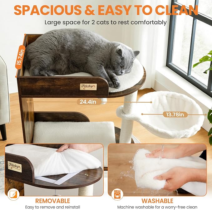 44.8in Modern Wood Cat Tree Tower for Indoor Large Cats with Perch | Multi-level Big Platforms, Sisal Scratching Posts, Cozy Hammock, Washable Pads, Ideal for Windows and Corners, Rustic Brown - Image 2