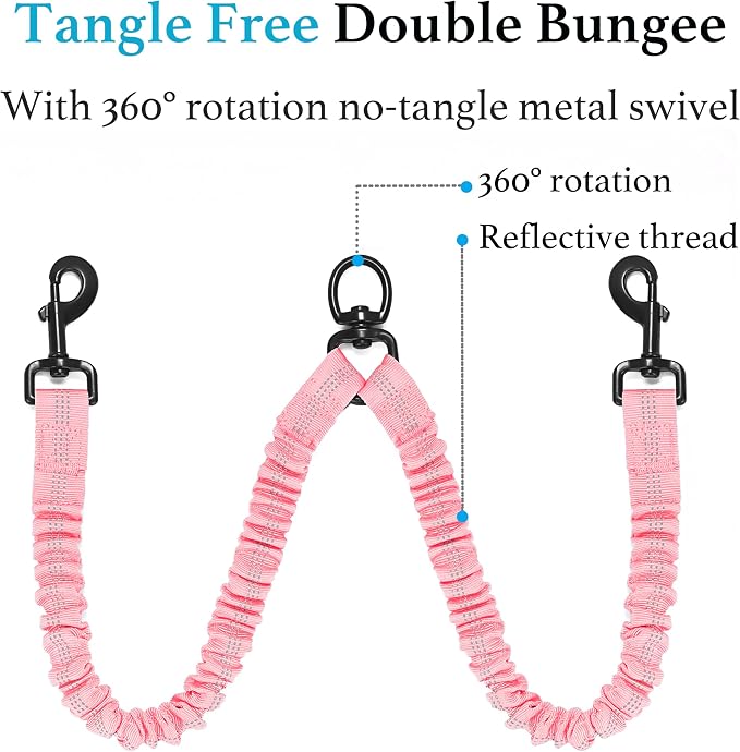 Double Dog Leash, 360° Swivel, No Tangle, Large, Baby Pink | Dual Leash for Two Dogs, Split Leash, Shock-Absorbing Bungee, Padded Handle, Heavy-Duty Rope - Image 5