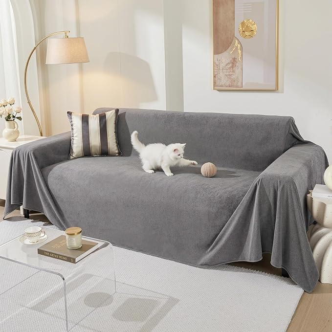 MEETSKY Couch Cover for 3 Cushion Couch Cat Scratch Proof Sofa Covers Washable Couch Protector Sectional Couch Covers for Dogs Soft Couch Cover Blanket Sofa Slipcover for Pets Kids, 91" x 134", Grey by MEETSKY