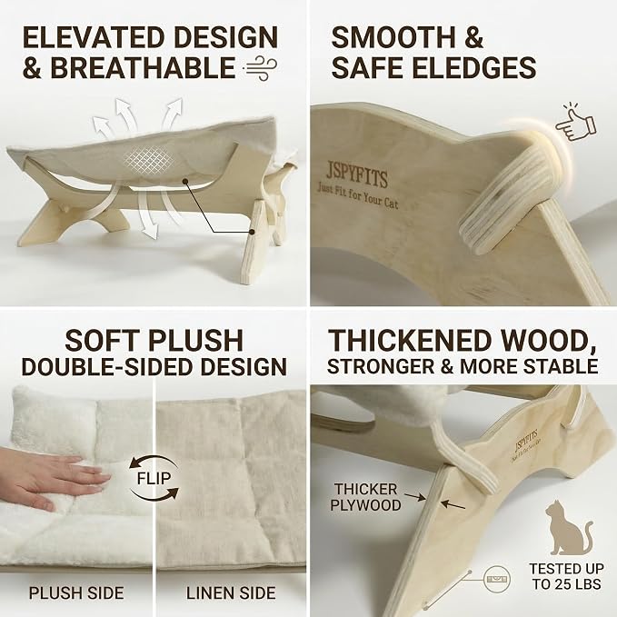 JSPYFITS Elevated Cat Bed Hammock, Raised Cat Bed with Dual-Sided Plush & Linen Cushion, Machine Washable & Breathable Cover Tool Free Easy Assembly, up to 66Lbs (White) - Image 7