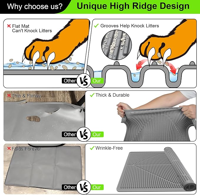 Mofason Rubber Cat Litter Mat Litter Box Mat - Grey Silicone Litter Catcher | Waterproof 24"x15" Kitty litter box mat, litter trapping catcher mat; easy clean litter trapping mat small cat litterbox mat - Image 7
