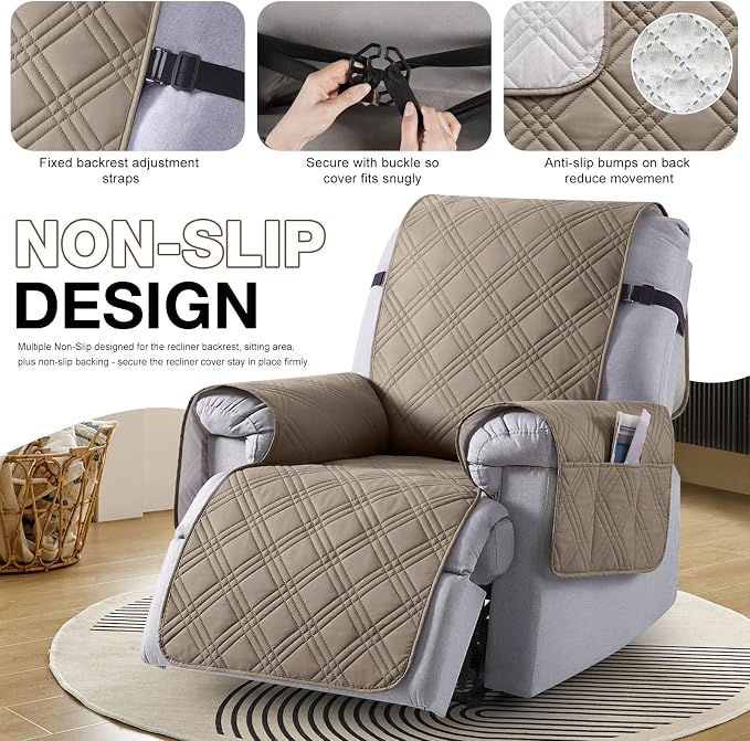 TAOCOCO 100% Waterproof Recliner Chair Covers, Non Slip Recliner Covers for Recliner Chair with Pocket, Washable Reclining Chair Cover Furniture Protector for Kids,Dogs(22'', Gray Taupe) - Image 6