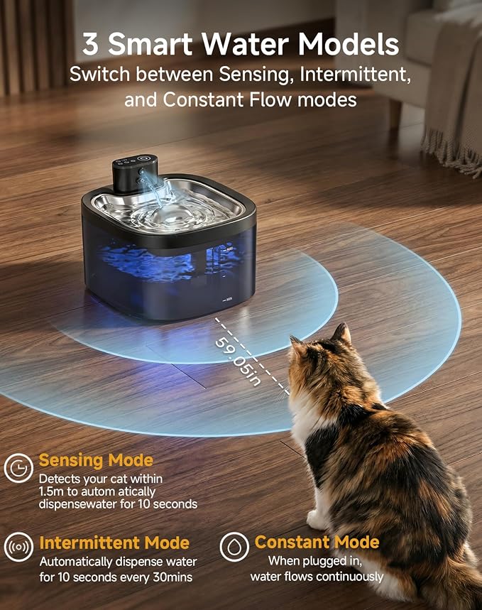 Cat Water Fountain Cordless: Battery Operated 118oz/3.5L Pet Water Fountain for Cats Indoor with Motion Sensor, Stainless Steel Tray, Ultra Quiet, Easy-to-Clean, Gifts for Cats, Dogs (8Filters) - Image 2