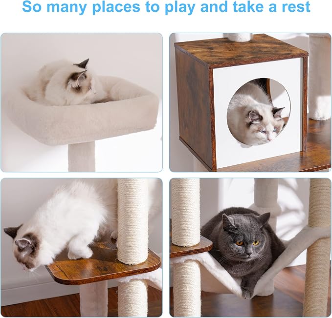 Hey-brother Wooden Cat Tree Tower with Hammock for Indoor Cats, MPJ120SR | 66.14 Inches Modern Scratching Post with Large Condo, Plush Top Platform, Cozy Basket, Bed, Hanging Toys, Rustic Brown - Image 6