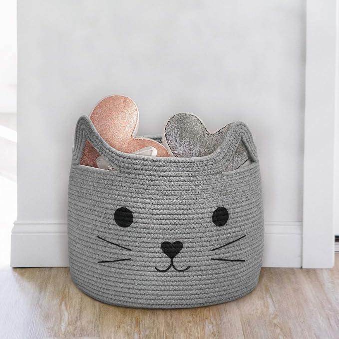 Large Woven Rope Cat Toy Basket with Cat Face Design, Grey | 15.7" x 11.8" Toy Bin & Box for Living Room Nursery, Baby Storage Basket for Towels, Blankets, with Sturdy Handles - Image 8