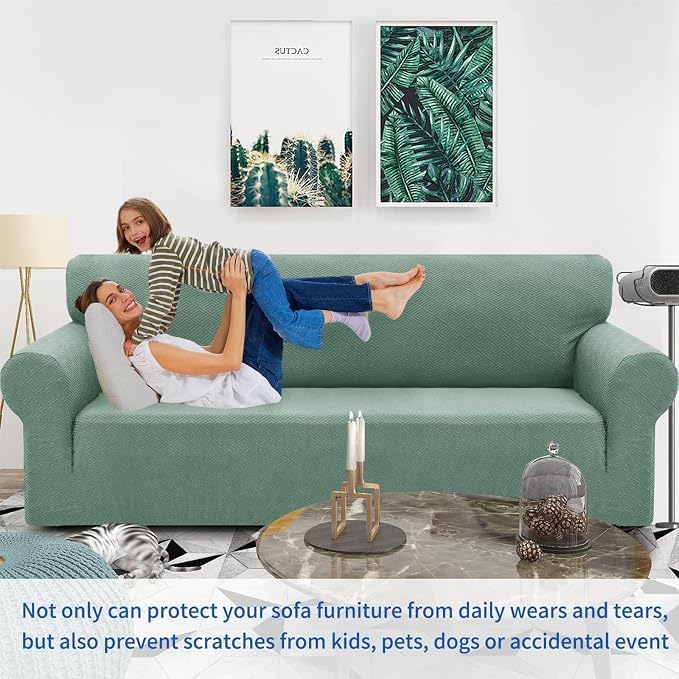 ZNSAYOTX 1 Piece Jacquard Couch Covers for 3 Cushion Couch High Stretch Sofa Cover for Pets Dogs Anti Slip Extra Large Sofa Slipcovers Furniture Protector (X-Large,New Pattern Pea Green) - Image 2