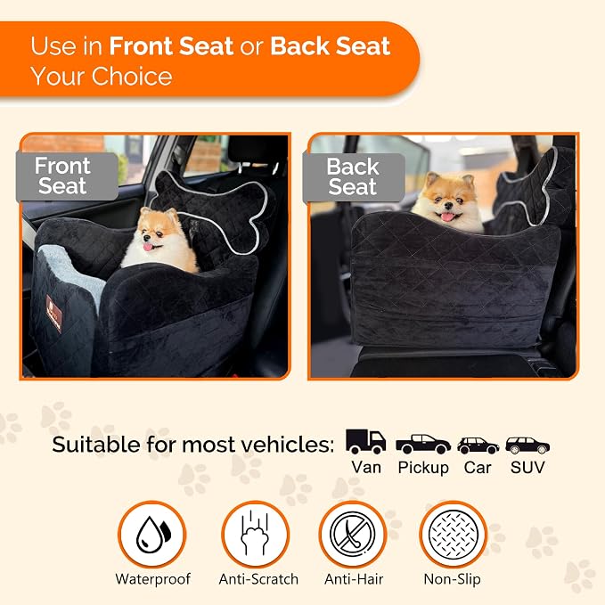 Yara’s Woofyverse Dog Car Booster Seat, Small & Medium Dogs, Midnight Ash | Fur-Lined Headrest, Adjustable Cushions, 6-Pocket Storage, Machine-Washable Cover, Portable Pet Car Seat Front/Back Travel - Image 4