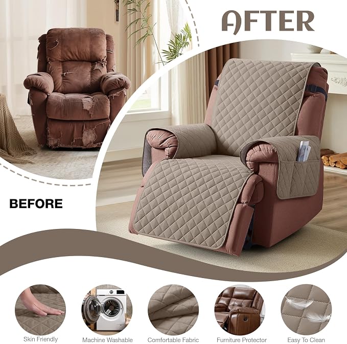 KinCam 100% Waterproof Recliner Chair Covers Washable, 23.6", Taupe | Anti Slip Reclining Couch Covers for Pets Dog, Recliner Sofa Slipcover Storage Pocket, Furniture Protector with Elastic Strap - Image 6