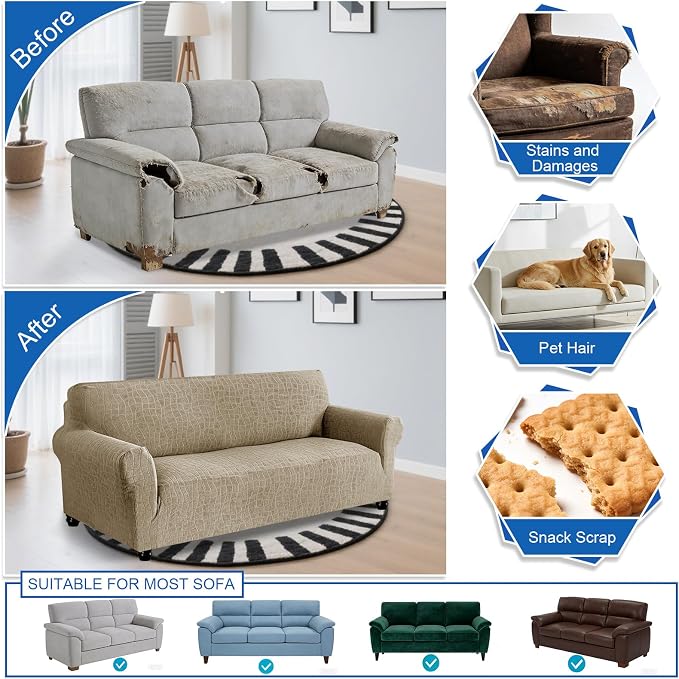 MAXIJIN Waterproof Couch Cover for 3 Cushion Couch, 1 Piece Stretch Sofa Covers Slipcovers with Non-Slip Elastic Bottom, Washable Furniture Protector for Dogs Pets (Large, Khaki) - Image 6