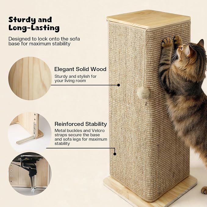 Wooden Couch Corner Cat Scratcher, Adjustable Couch Cat Scratch Protector with Sisal Scratching Mat, Couch Corner Protectors for Cats with Adjustable Buckles, Cat Scratch Furniture Protector for Sofa - Image 5