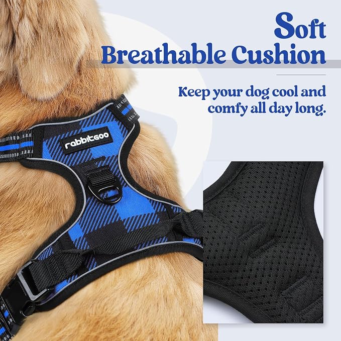 rabbitgoo Dog Harness, No Pull for Large Dogs with 2 Leash Clips, Pet Vest | No Choke with Handle, Adjustable Soft Padded, Reflective, Easy Control for Walking, Blue Plaid, Small - Image 2