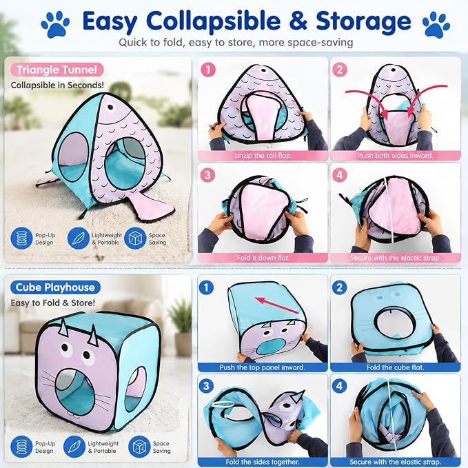 Rypet Cat Toy Tunnel and Cubes Bundle, Play Tubes for Indoor Cats, Blue | 3-in-1 Tunnel Cubes Tent, Crinkle Tube for Play, DIY Shapes, Ball and Bell for Play, Tear-Resistant Polyester, Folds Flat - Image 7
