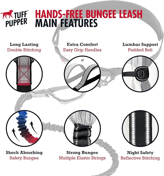 Tuff Pupper Hands Free Bungee Dog Leash, Waist Belt for Running & Walking | Heavy Duty for One Small Dog up to 45 lb, Shock Absorbing with Lumbar Support & Reflective Padded Handles for Jogging - Image 3