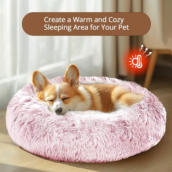 JOLLYVOGUE Calming Dog Bed for Small Dogs - 23 inches Donut Washable Small Dog Bed for Kittens & Puppies, Anti-Slip Round Fluffy Plush Faux Fur Cat Beds (Fits up to 25 lbs Pets, Smoke Pink) - Image 4