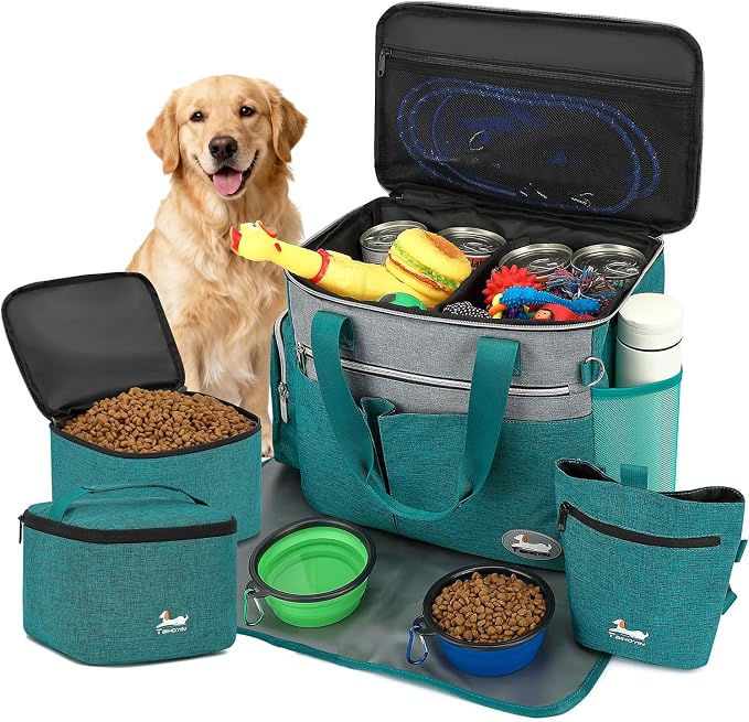 Dog Travel Bag for Pet Kit for Supplies with 2 Food Storage Containers 2 Collapsible Bowls 1 Feeding Mat 1 Dog Treat Pouch 7-Piece Set Perfect Road Trips Camping Weekend (Teal) - Image 8