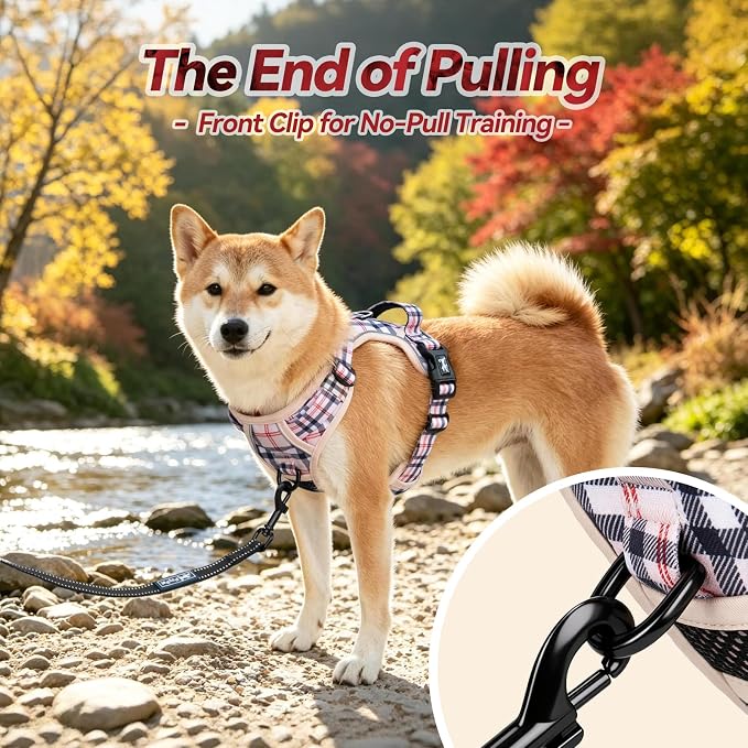 PoyPet Plaid Dog Harness Medium, No Pull Vest with Front Clip & Neck Buckle | Padded Handle, Reflective, No Choke, Lockable, 2 Leash Rings, Full Adjustable, for Training Walking, M, Checkered Beige - Image 3