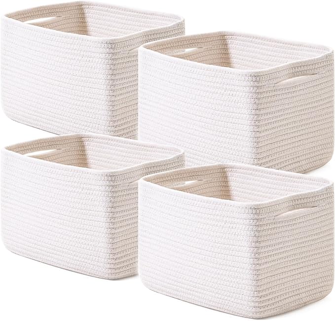ICERZCZ Storage Baskets for Organizing 12.5"x9.1"x7.9" (4 Packs) Off White | Storage Bin for Shelves, Woven Cotton Rope Basket with Handles for Bedroom Living Room Nursery Bathroom by ICERZCZ