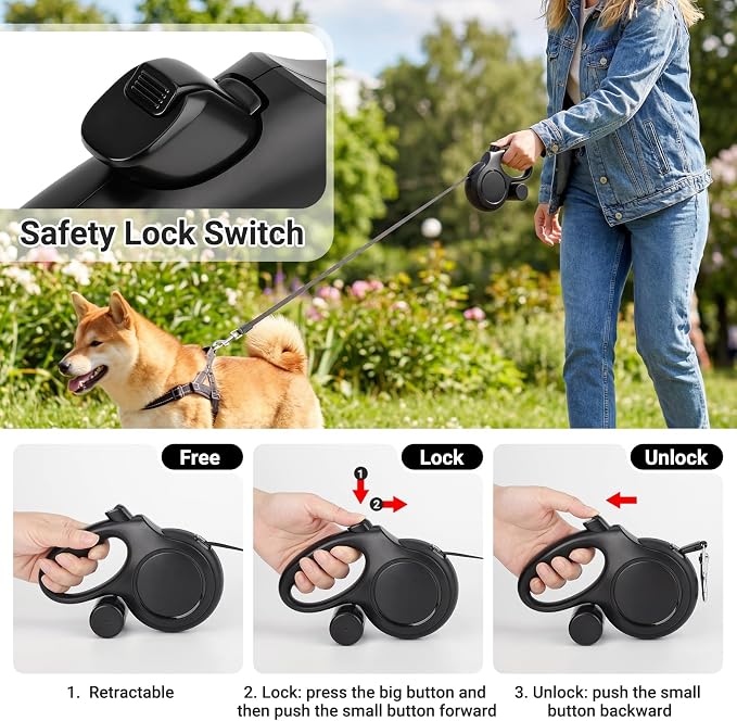 Segarty 16 Ft Retractable Dog Leash with Detachable Poop Bag Holder, 5m Walking Leash for Pets up to 66 Lbs, 360°Tangle-Free Black Dog Lead with Anti-Slip Handle & One-Handed Brake Pause Lock for Dogs - Image 4