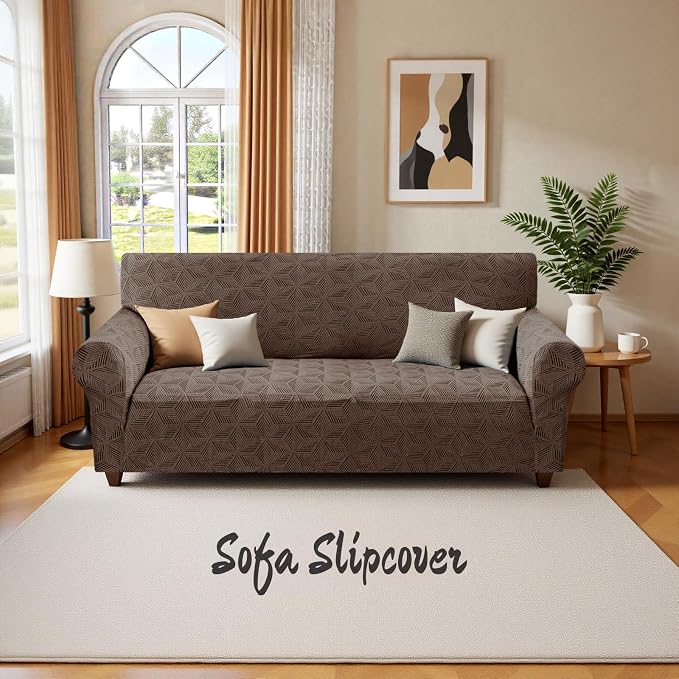 YEMYHOM 1 Piece Stretch Couch Covers for 2 Cushion Couch, Jacquard Loveseat Cover with Non-Slip Elastic Bottom, Thickened Slipcover Furniture Protector for Dogs Pets (Medium, Brown） - Image 8