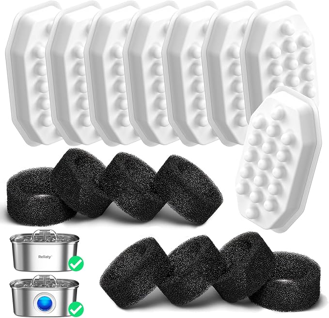 Rellaty Official Cat Water Fountain Filters Replacement | Carbon Filter & Pre-Filter Sponges for 3.2L/108oz Automatic Pet Fountain by Rellaty