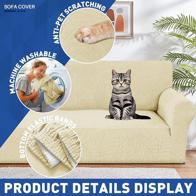 YEMYHOM Couch Cover Latest Jacquard Design High Stretch Extra Large Sofa Covers Pet Dog Cat Proof Oversized Slipcover Non Slip Magic Elastic Furniture Protector (X-Large, Begonia Leaf Beige) - Image 4