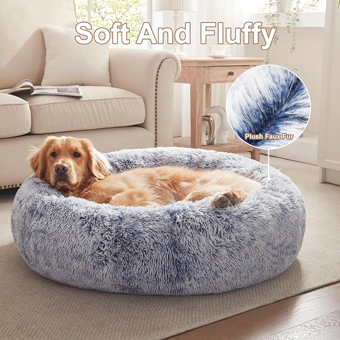 36 inches Faux Fur Fluffy Donut Dog Bed for Large Dogs,Dark Blue | Calming Plush Round Pet Bed with Removable & Washable Cover,Fits up to 80 lbs Pets - Image 4