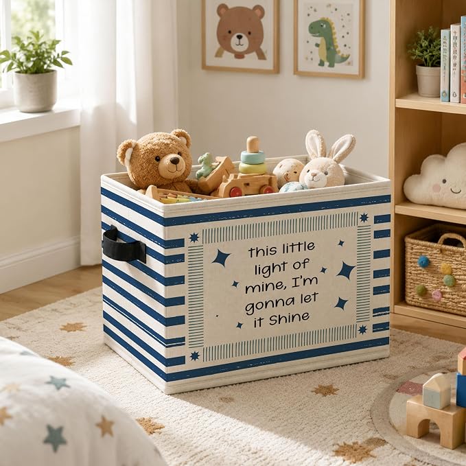 Vintage Christian Storage Bins Box, Faith Star Collapsible Organizer Basket | uplifting playful storage box basket for books clothes, navy striped organizer for nursery bedroom playroom, 10x14 in - Image 5