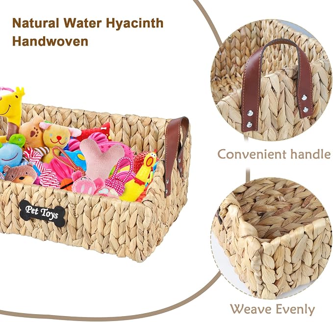 Trapezoid Pet Dog Toy Basket,Medium Dog Toy Bin,Wicker Storage Basket for Dog Cat Toys,Dog Storage Organizer for Leash Blanket Toys Snacks -Natural Farmhouse Water Hyacinth - Image 2