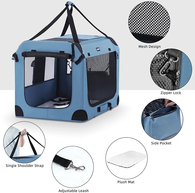 Petprsco Portable Dog Crates for Medium Dogs, 32"x23"x23" Travel Dog Crate | Collapsible Dog Crate with Plush Mat, Soft Blanket & Foldable Bowl, Strong Fabric, 4-Sided Vents, 3 Doors, Indoor/Outdoor Use - Image 3